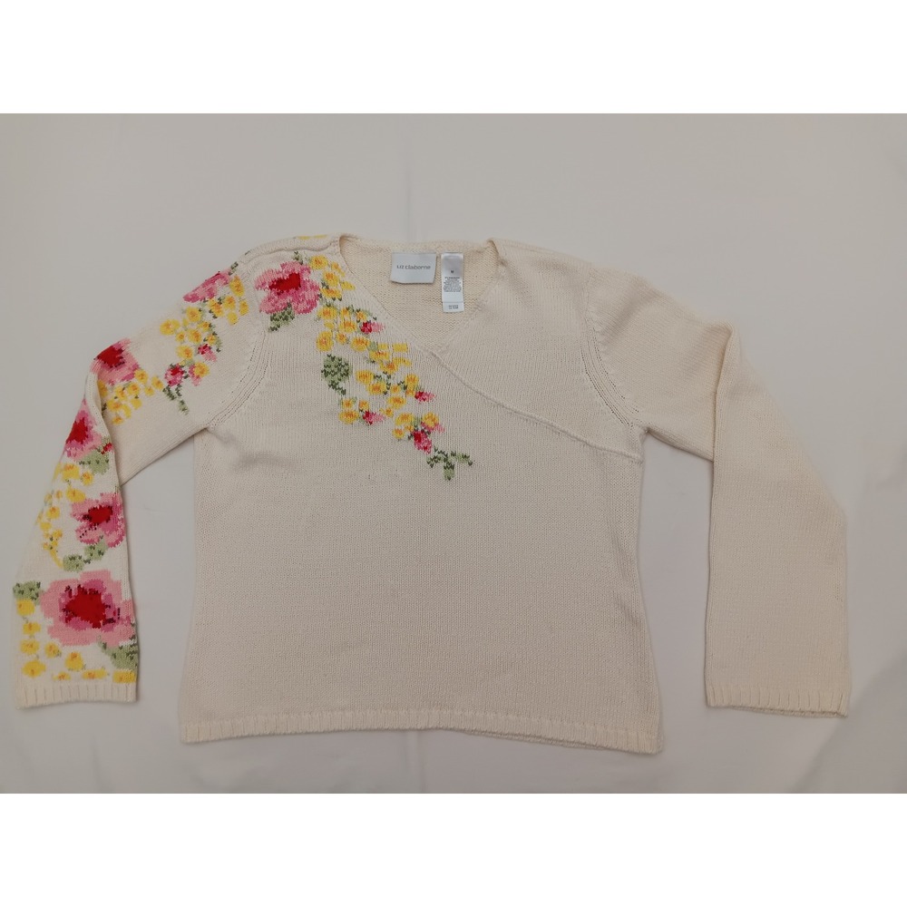 Liz Claiborne Womens Vintage Cream Floral V Neck Knit Sweater Size Medium